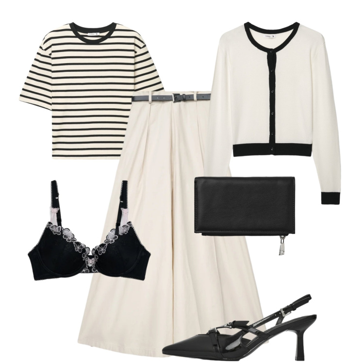 Outfit donna - Aperitivo Terranova New SS26. Stile Casual chic per Tutti i giorni. Abbinamento con décolleté, cardigans, pantaloni, reggiseni push-up, t-shirt, portafogli.