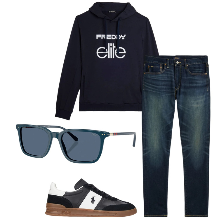 Outfit uomo - Total look #2340234. Stile Casual per Tutti i giorni. Abbinamento con felpe con cappuccio, jeans, sneakers, occhiali da sole.