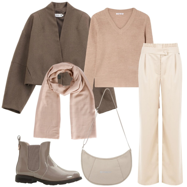 Outfit donna - Total look #2340235. Stile Casual per Tutti i giorni. Abbinamento con stivaletti chelsea, foulard, maglieria, blazer, pantaloni a palazzo, borse a spalla.