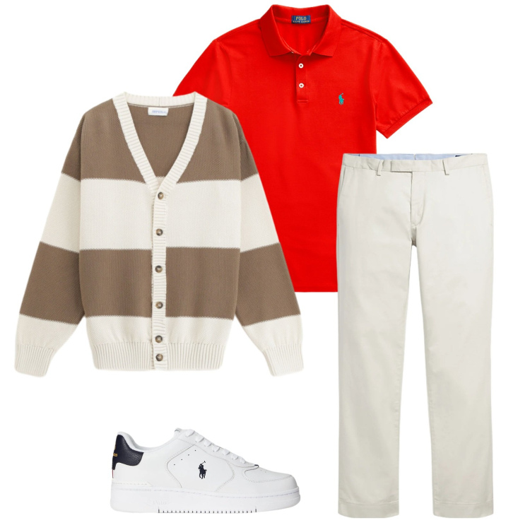 Outfit uomo - Total look #2340241. Stile Trendy per Tutti i giorni. Abbinamento con cardigans, polo, pantaloni chino, sneakers.