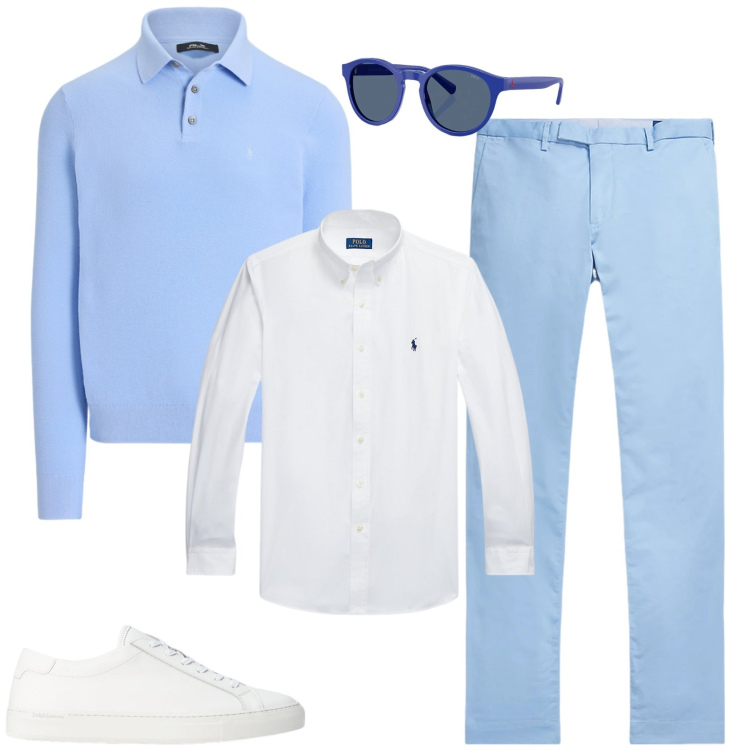 Outfit uomo - Trendy ufficio tempo libero. Stile Trendy per Tutti i giorni. Abbinamento con sneakers, camicie, pantaloni, occhiali da sole, maglieria.