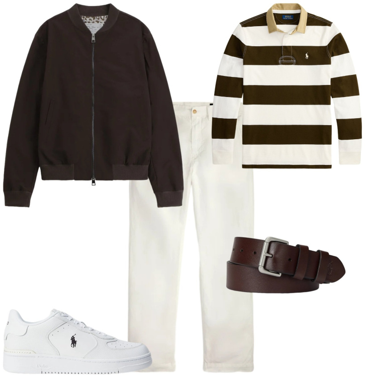 Outfit uomo - Trendy ufficio tempo libero. Stile Trendy per Tutti i giorni. Abbinamento con bomber, cinture, sneakers, maglieria, pantaloni.