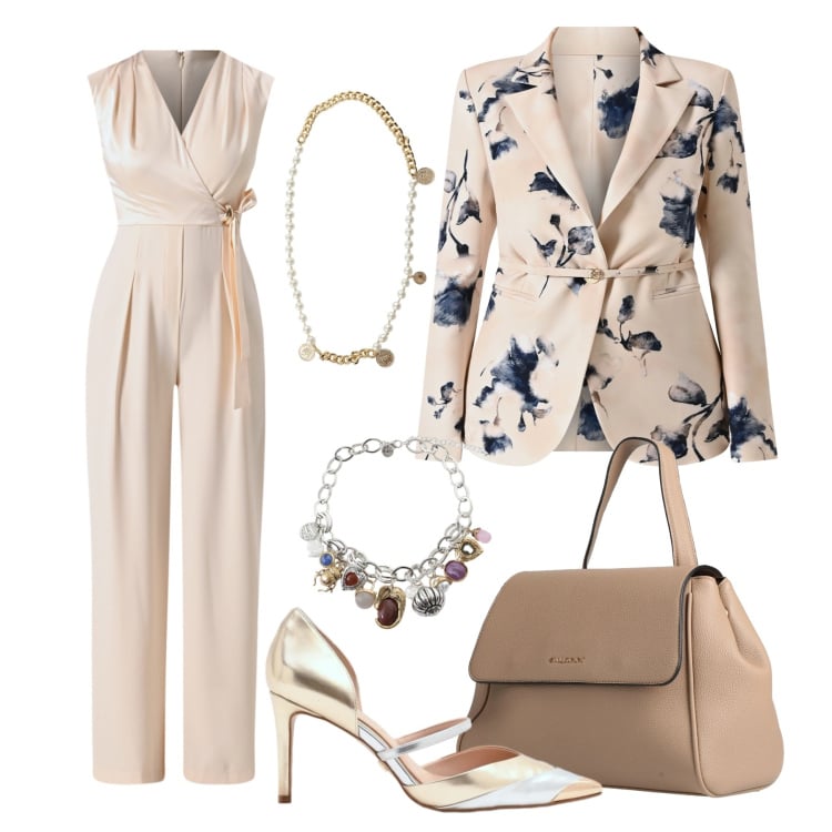 Outfit donna - Raffinata femminilità. Stile Glamour per Tutti i giorni. Abbinamento con zaini, braccialetti con ciondoli, cinture, blazer, vestiti chemisier, décolleté.