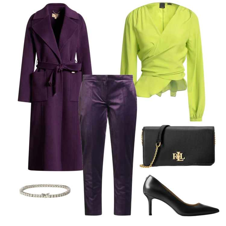 Outfit donna - Deep Winter Glam. Stile Glamour per Serata fuori. Abbinamento con pantaloni, top, cappotti, borse a mano, décolleté, braccialetti.
