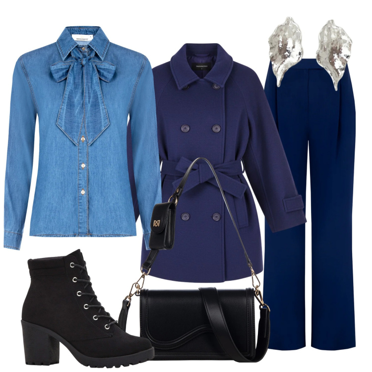 Outfit donna - La camicia con il fiocco. Stile Basic per Tutti i giorni. Abbinamento con stivaletti, orecchini, pantaloni, cappotti, pochette, camicie.