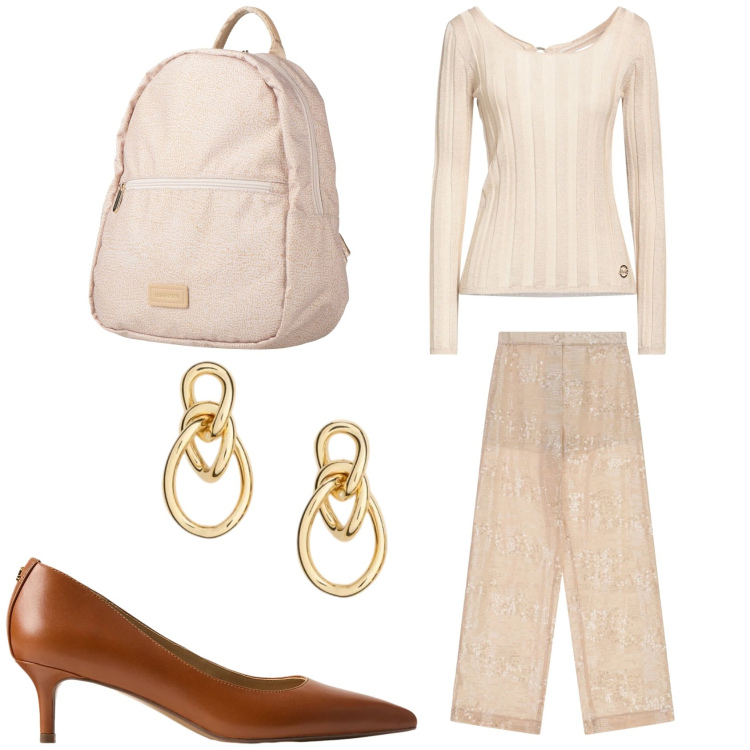 Outfit donna - Pantaloni larghi alla moda. Stile Casual chic per Tutti i giorni. Abbinamento con zaini, pullovers, pantaloni a palazzo, décolleté, orecchini.