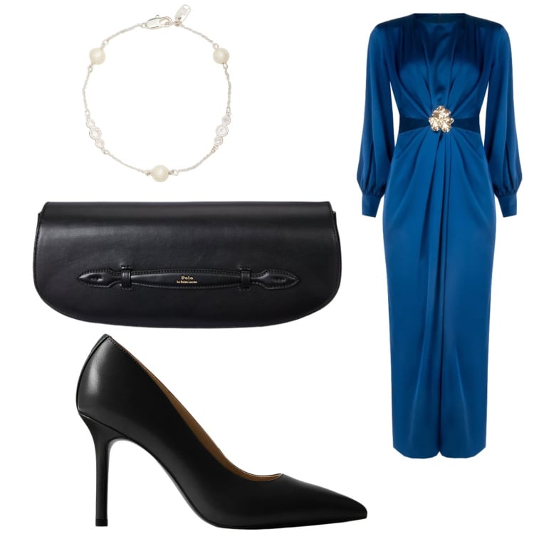 Outfit donna - Cerimonia in blu e nero. Stile Bon Ton per Cerimonia. Abbinamento con vestiti lunghi, clutch, décolleté, braccialetti.