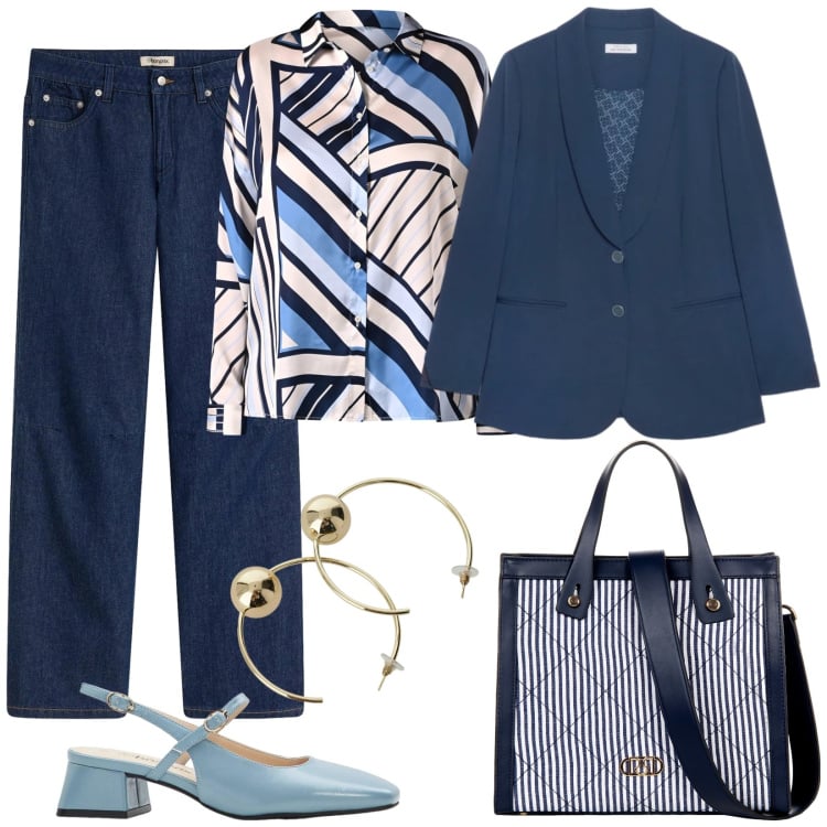 Outfit donna - Casual chic in ufficio. Stile Casual chic per Tutti i giorni. Abbinamento con jeans dritti, décolleté, blazer, camicie, shopping bag, orecchini.