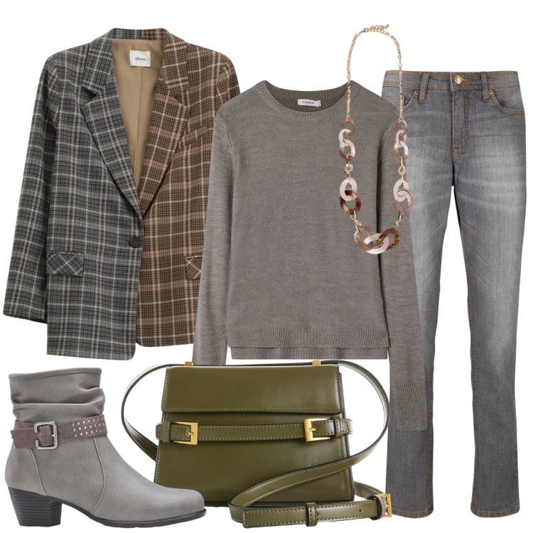 Outfit donna - Il blazer bicolor. Stile Casual chic per Tutti i giorni. Abbinamento con jeans mom, stivaletti, borse a tracolla, collane, maglieria, blazer.