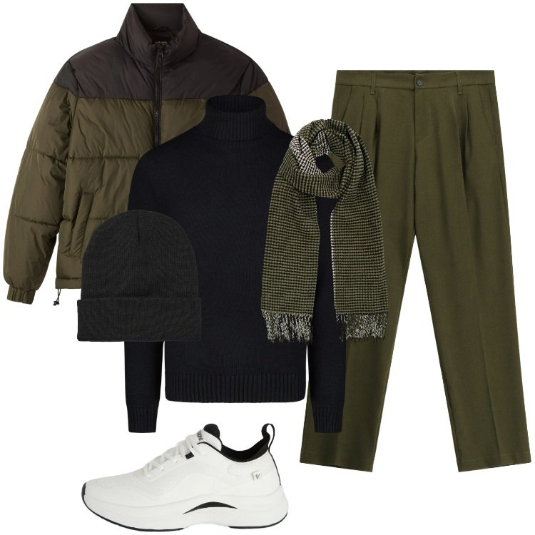 Outfit uomo - Total look #2340256. Stile Urban per Ufficio. Abbinamento con pantaloni, bomber, berretti, sneakers, maglieria, sciarpe.
