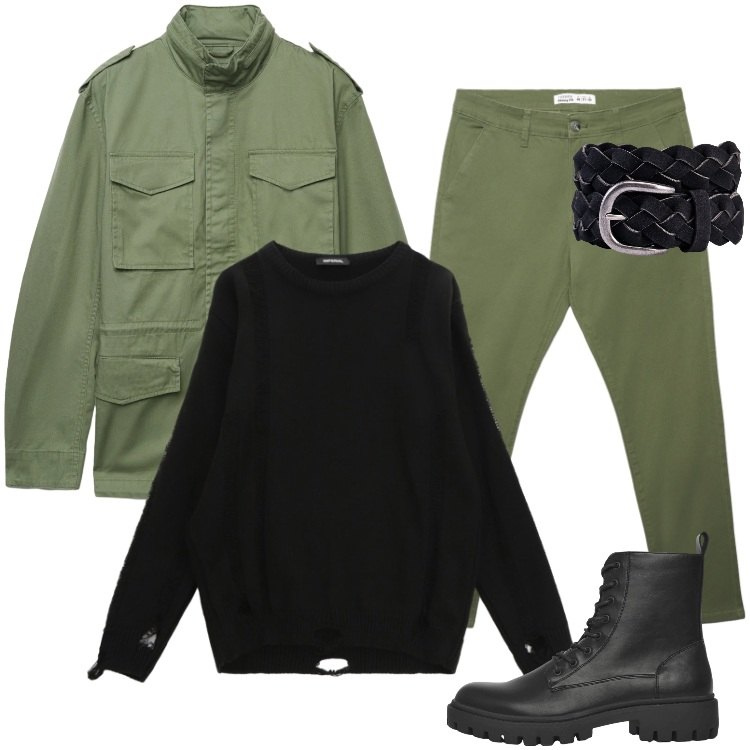 Outfit uomo - Total look #2340257. Stile Biker Rock per Tutti i giorni. Abbinamento con maglieria, pantaloni chino, anfibi, cappotti, cinture.