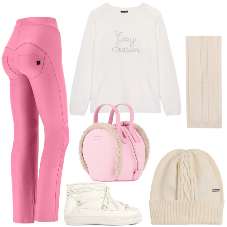 Outfit donna - Aprés-ski. Stile Glamour per Sport. Abbinamento con zaini, maglieria, pantaloni, berretti, sciarpe, stivali da neve.