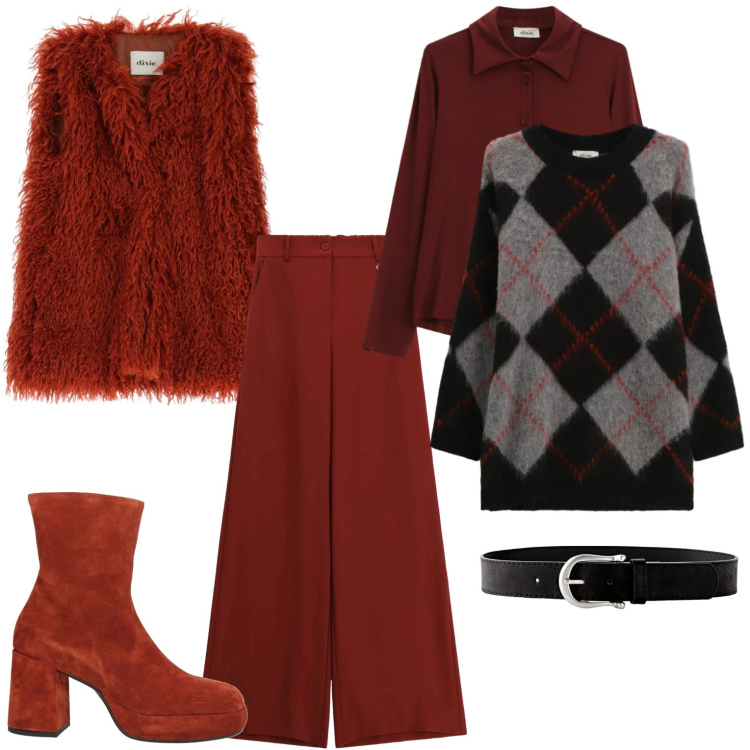 Outfit donna - Casual. Stile Casual per Tutti i giorni. Abbinamento con stivaletti, cinture, pantaloni a palazzo, camicie, gilet, maglieria.