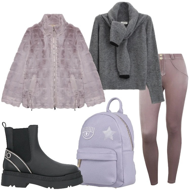 Outfit donna - Shopping a Cortina. Stile Trendy per Tutti i giorni. Abbinamento con stivaletti chelsea, zaini, ecopellicce, pantaloni skinny, maglieria.