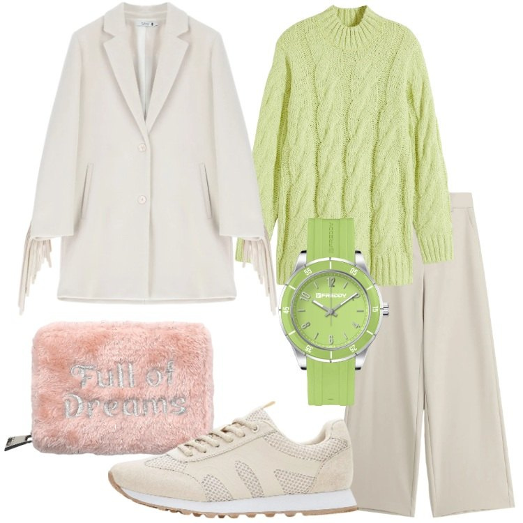 Outfit donna - Love is in the air. Stile Urban per Tutti i giorni. Abbinamento con maglieria, sneakers, portafogli, pantaloni a palazzo, orologi, cappotti.