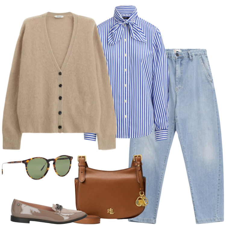 Outfit donna - Romantico jeans. Stile Casual chic per Ufficio. Abbinamento con mocassini, cardigans, jeans, camicie, occhiali da sole, borse a tracolla.