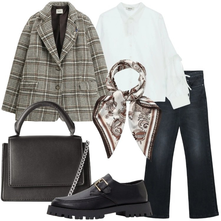 Outfit donna - Jeans in ufficio - @laurafo. Stile Mannish per Ufficio. Abbinamento con mocassini, borse a tracolla, foulard, jeans bootcut, camicie, blazer.