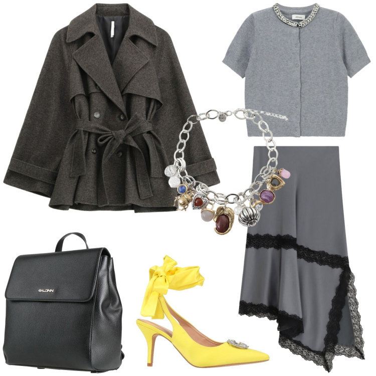 Outfit donna - Romantic, but make it Glam. Stile Glamour per Tutti i giorni. Abbinamento con zaini, décolleté, caban, gonne lunghe, cardigans, braccialetti con ciondoli.