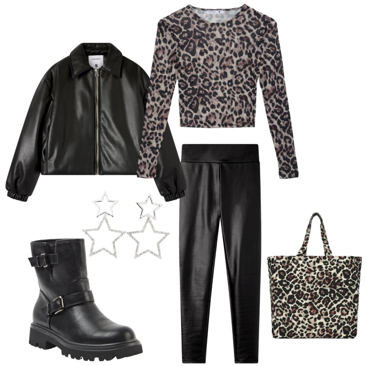 Outfit donna - Grinta Metropolitana. Stile Glamour per Tutti i giorni. Abbinamento con orecchini, stivaletti, bomber, t-shirt, shopping bag, leggings.