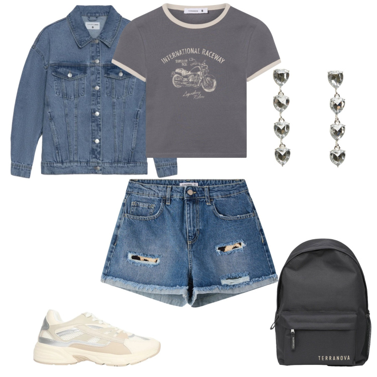 Outfit donna - Road Rebel. Stile Glamour per Tutti i giorni. Abbinamento con shorts, t-shirt, sneakers, cappotti, orecchini, zaini.