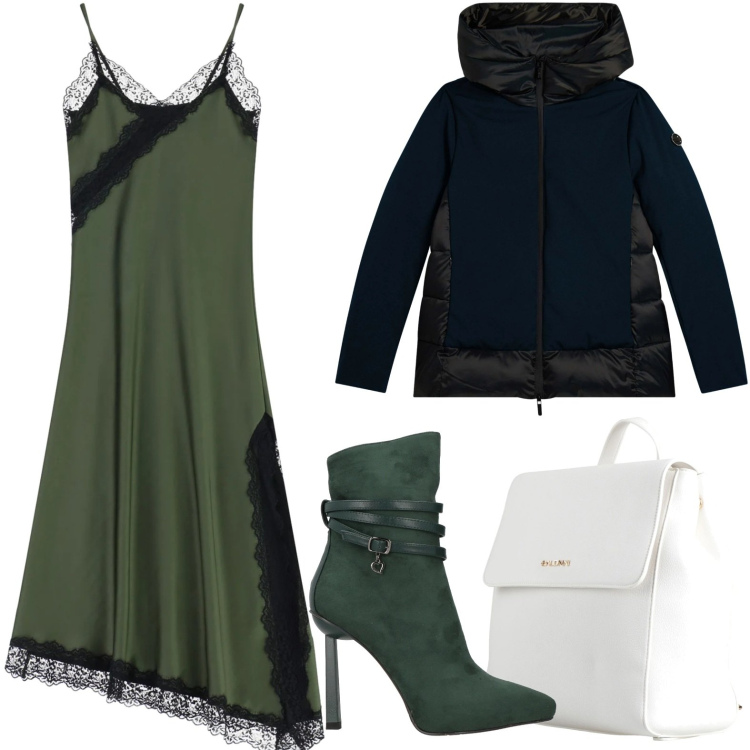 Outfit donna - Pizzo e tacchi. Stile Chic per Serata fuori. Abbinamento con stivaletti, zaini, vestiti asimmetrici, piumini.