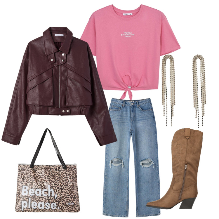 Outfit donna - Desert Dream. Stile Boho per Tutti i giorni. Abbinamento con stivali, bomber, orecchini, t-shirt, borse tote, jeans strappati.