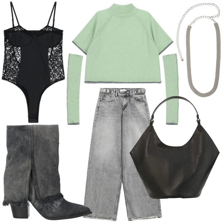 Outfit donna - Camperos e body. Stile Glamour per Tutti i giorni. Abbinamento con stivaletti, maglieria, body, borse a spalla, cinture, jeans.