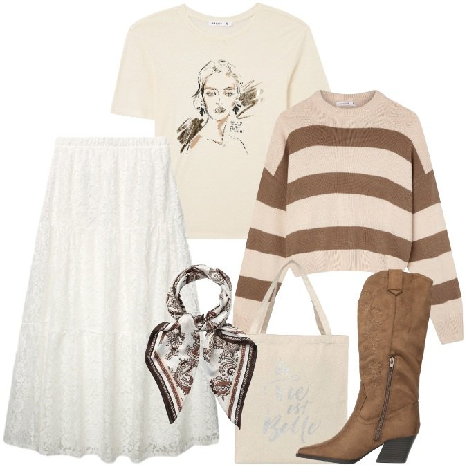 Outfit donna - Terranova - Spring Starts Here. Stile Etnico per Tutti i giorni. Abbinamento con t-shirt, borse tote, stivali, foulard, gonne lunghe, maglieria.