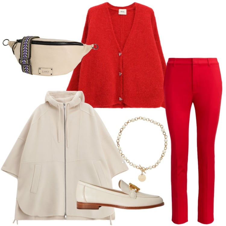Outfit donna - Bianco e rosso. Stile Minimal per Tutti i giorni. Abbinamento con marsupi, pantaloni, collane, mocassini, cardigans, cappotti.