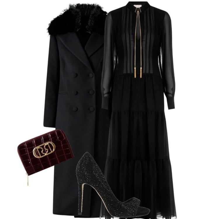 Outfit donna - Una serata speciale. Stile Glamour per Serata fuori. Abbinamento con décolleté, vestiti lunghi, cappotti, portafogli.