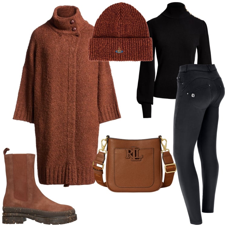 Outfit donna - Total look #2340299. Stile Casual chic per Tutti i giorni. Abbinamento con cappotti, stivaletti, cappelli, maglieria, borse a tracolla, pantaloni skinny.