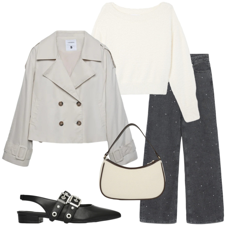 Outfit donna - Terranova SS 26. Stile Casual chic per Tutti i giorni. Abbinamento con jeans dritti, caban, maglieria, ballerine, borse a tracolla.