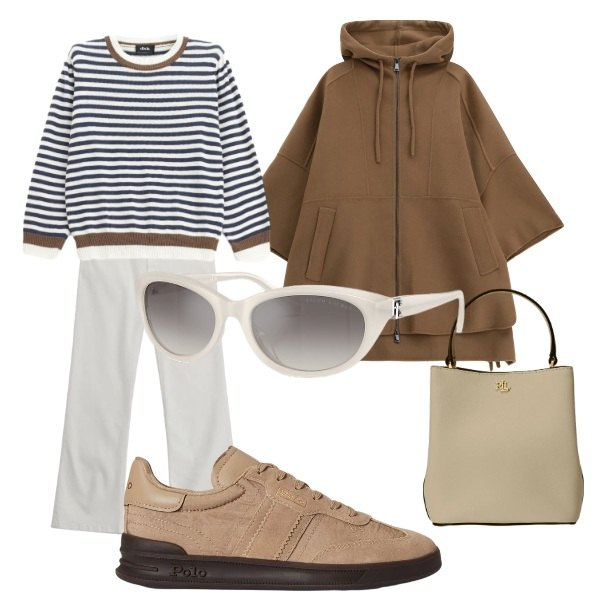 Outfit donna - con la cappa. Stile Casual chic per Tutti i giorni. Abbinamento con maglieria, cappotti, jeans, occhiali da sole, borse a secchiello, sneakers.