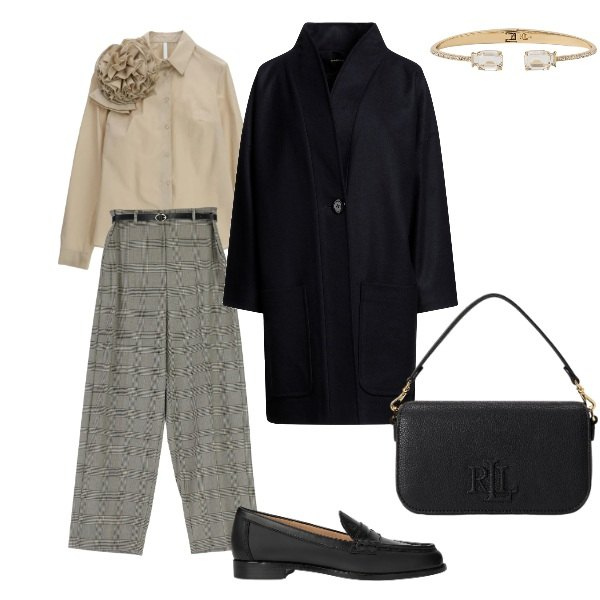 Outfit donna - la camicia con la rosa. Stile Casual chic per Serata fuori. Abbinamento con cappotti, camicie, pantaloni a palazzo, mocassini, borse a spalla, braccialetti.