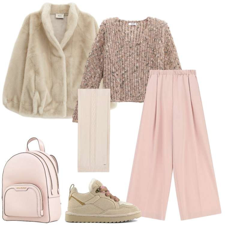 Outfit donna - Total look #2340311. Stile Casual chic per Tutti i giorni. Abbinamento con zaini, pantaloni a palazzo, blazer, sciarpe, maglieria, sneakers alte.