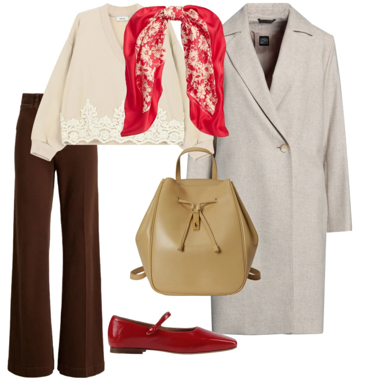 Outfit donna - Quotidiano. per Tutti i giorni. Abbinamento con cappotti, ballerine, felpe, zaini, pantaloni, foulard.