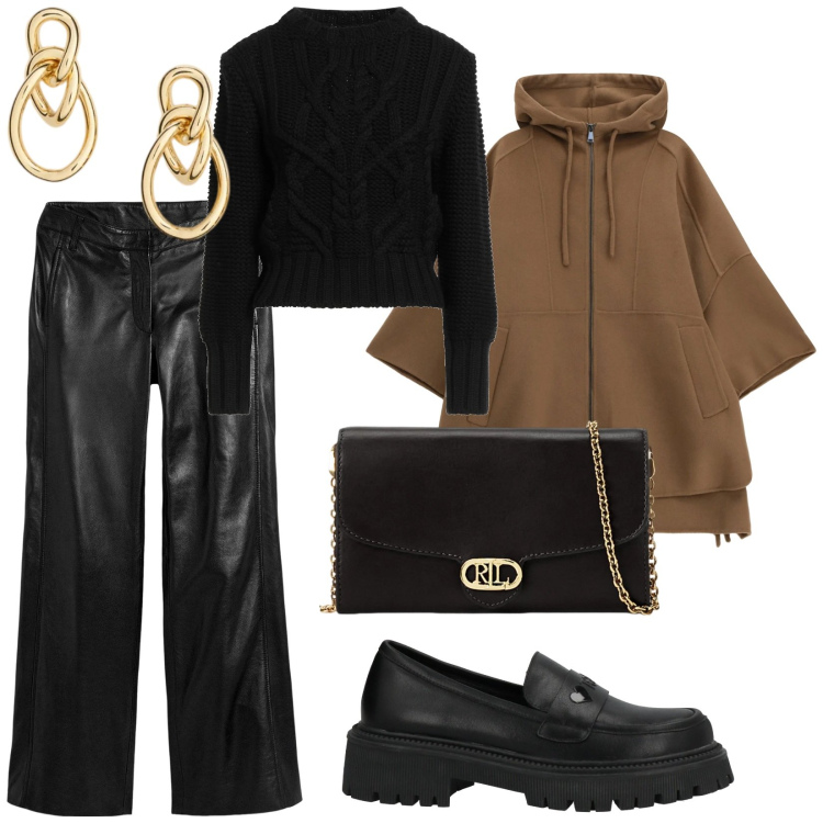 Outfit donna - Un caffè. per Tutti i giorni. Abbinamento con pullovers, mocassini, pantaloni, cappotti, borse a tracolla, orecchini.