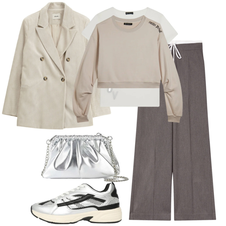 Outfit donna - Un tocco di luce in inverno. Stile Sporty chic per Tutti i giorni. Abbinamento con borse a tracolla, pantaloni, sneakers, blazer, felpe, t-shirt.