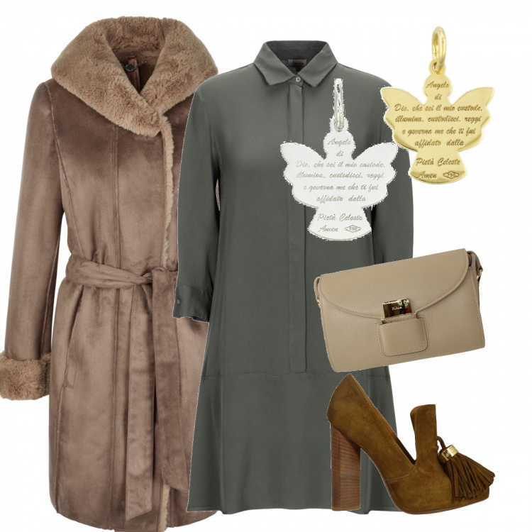 Outfit donna - Magro san Valentino. Stile Trendy per Serata fuori. Abbinamento con vestito, cappotto marrone, ciondolo oro, décolleté made italy effetto scamosciato con nappine, ciondolo in oro bianco, borsa a tracolla oro.