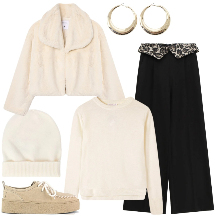 Outfit donna - Giornata sbrigativa in città. Stile Sporty chic per Tutti i giorni. Abbinamento con berretti, maglieria, ecopellicce, pantaloni a palazzo, orecchini, mocassini.