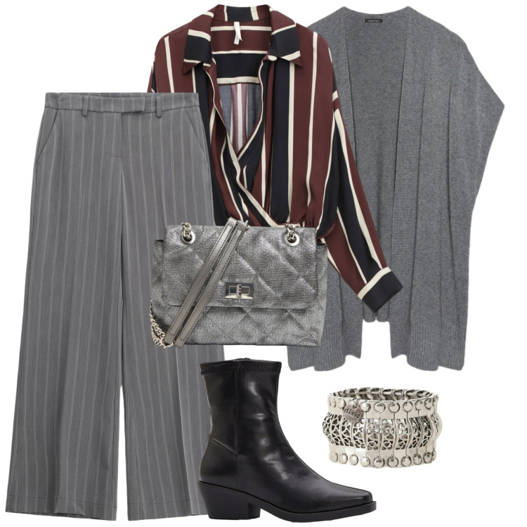 Outfit donna - Un tocco di luce in inverno. Stile Urban per Tutti i giorni. Abbinamento con stivaletti, borse a tracolla, camicie, pantaloni a palazzo, gilet, anelli.