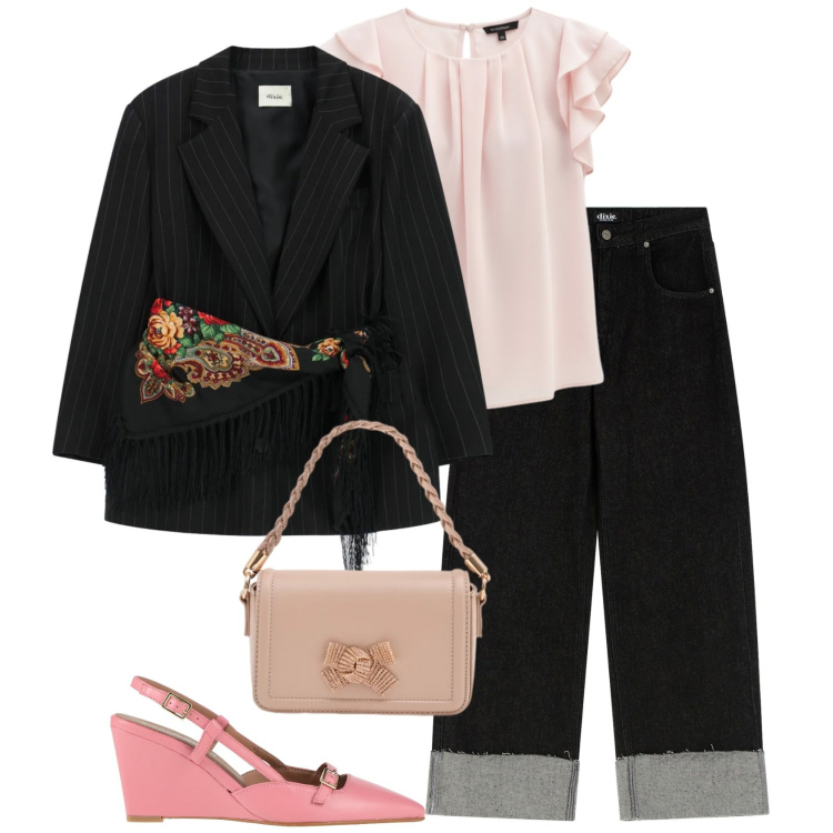 Outfit donna - Jeans in ufficio @ laurafo. Stile Glamour per Ufficio. Abbinamento con décolleté, blazer, jeans, top, pochette.