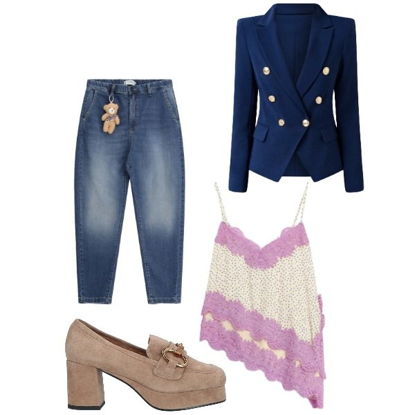 Outfit donna - Total look #2340328. Stile Glamour per Serata fuori. Abbinamento con mocassini, top, jeans, blazer.