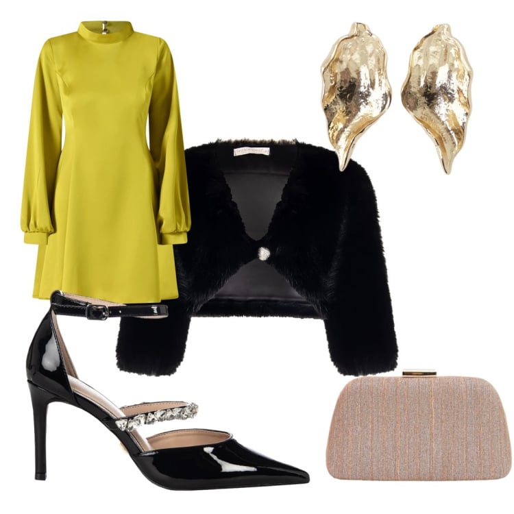 Outfit donna - Invitata luminosa in inverno. Stile Glamour per Cerimonia. Abbinamento con pochette, vestiti corti, décolleté, bolero, orecchini.