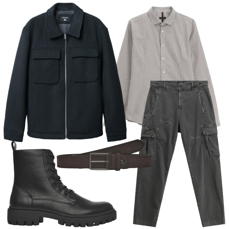 Outfit uomo - Total look #2340337. Stile Casual per Tutti i giorni. Abbinamento con pantaloni cargo, camicie, anfibi, cinture, cappotti.