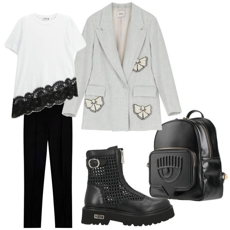 Outfit donna - Look. Stile Casual per Tutti i giorni. Abbinamento con stivaletti, zaini, blazer, pantaloni, t-shirt.