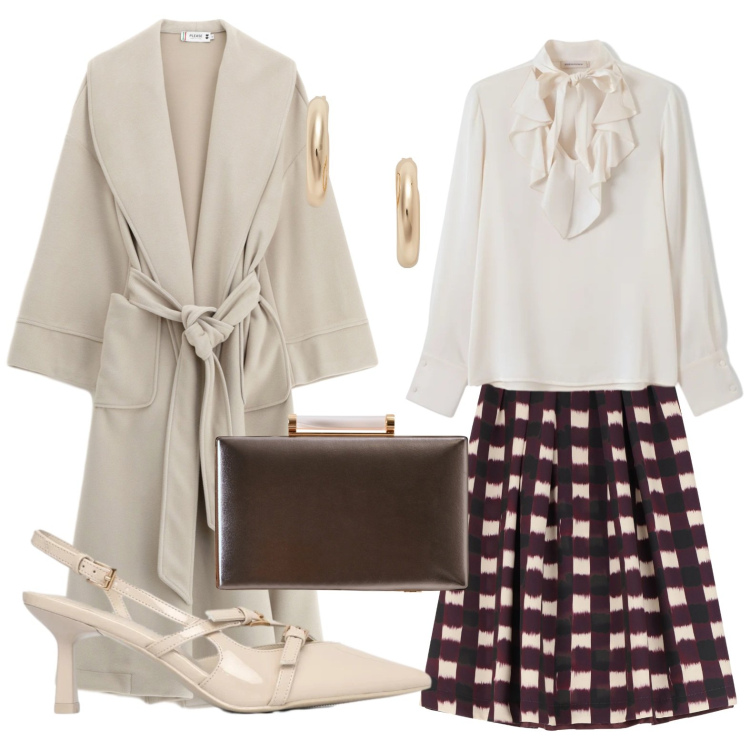 Outfit donna - Colloquio di lavoro. Stile Chic per Tutti i giorni. Abbinamento con décolleté, gonne longuette, cappotti, clutch, bluse, orecchini.