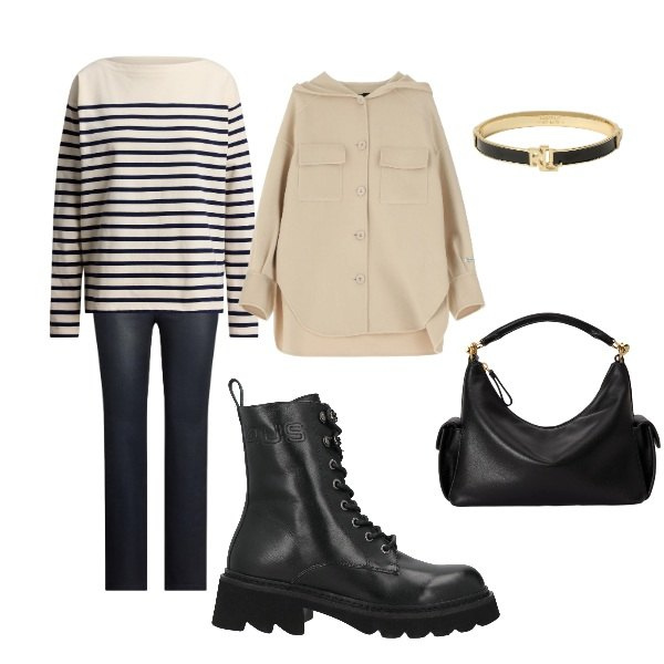 Outfit donna - andando a scuola. Stile Sporty chic per Tutti i giorni. Abbinamento con stivaletti, cappotti, braccialetti, jeans dritti, borse a spalla, maglieria.