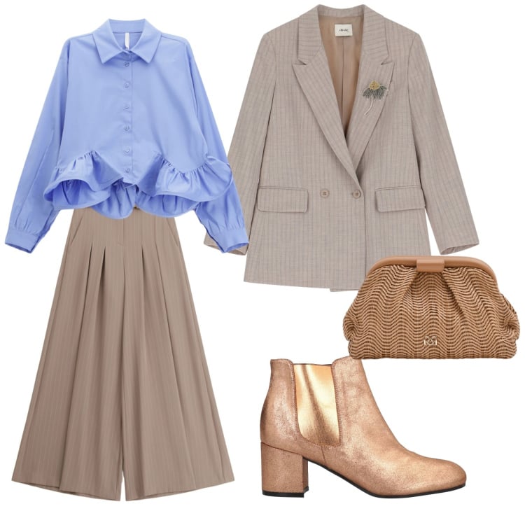 Outfit donna - Look. Stile Casual chic per Ufficio. Abbinamento con stivaletti chelsea, pochette, pantaloni a palazzo, camicie, blazer.