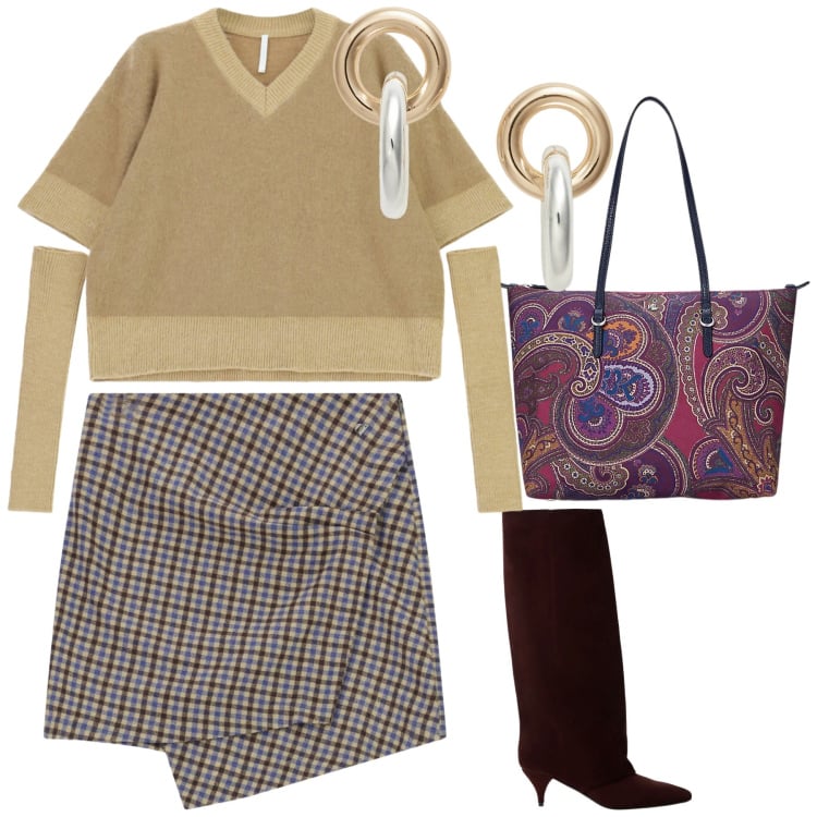 Outfit donna - Look. Stile Chic per Tutti i giorni. Abbinamento con maglieria, borse tote, orecchini, minigonne, stivali.
